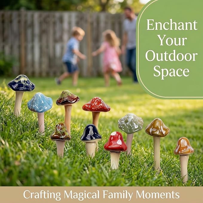 10 Pack Ceramic Mushroom Garden Decor, Outdoor Fairy Garden Ornament | 4.7" Tall Pottery Mushroom Statues, Colorful Outside Decorations for Yard, Lawn, Patio, Indoor Plant Flower Pots