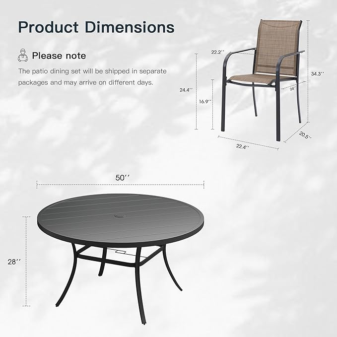 VICLLAX 7 Pieces Patio Outdoor Dining Set, 50" Round Metal Table with Umbrella Hole and 6 Stackable Textilene Chairs for Lawn, Garden, Porch, Black/Brown