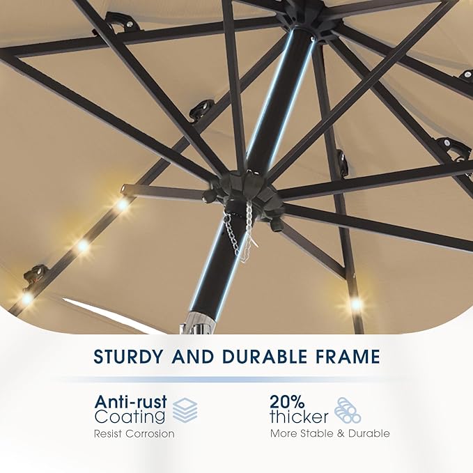 wikiwiki 9FT 3Tiers Solar Led Patio Umbrella, Sturdy Outdoor Market Umbrella for Deck, Pool, Garden w/Tilt, Crank, 32 LED Lights, Tan