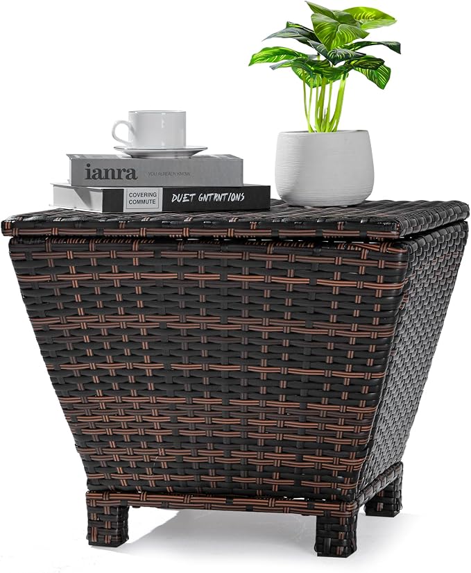 Outdoor Wicker Side Table with Storage Patio Rattan End Table, Small Storage Rattan Wicker Table, Resin Coffee Table, for Garden Porch Deck Living Room Backyard (Trapezoidal)