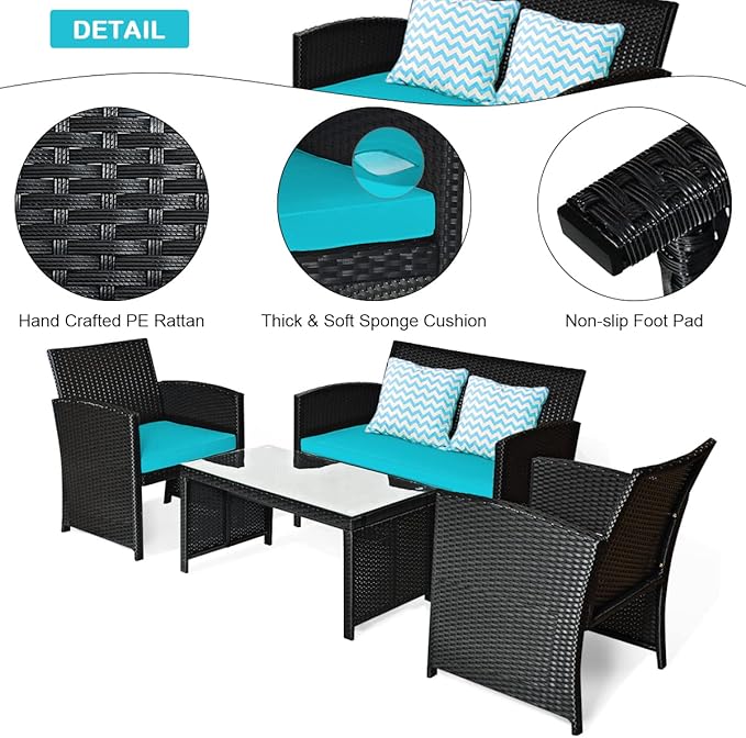 COSTWAY 4 Pieces Patio Rattan Furniture Set, Outdoor Wicker Conversation Set with Soft Cushions & Tempered Glass Coffee Table, Cushioned Chair Sofa for Backyard, Porch, Lawn, Garden, Turquoise