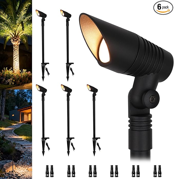 Mini Landscape Spotlights Low Voltage, 16'' Tall Pole, 5CCT 5W 12V LED Landscape Spot Lights Wired for Outdoor Palm Tree House Yard Flag Pathway Path Sidewalk, 60° Beam Angle, Black, 6PK