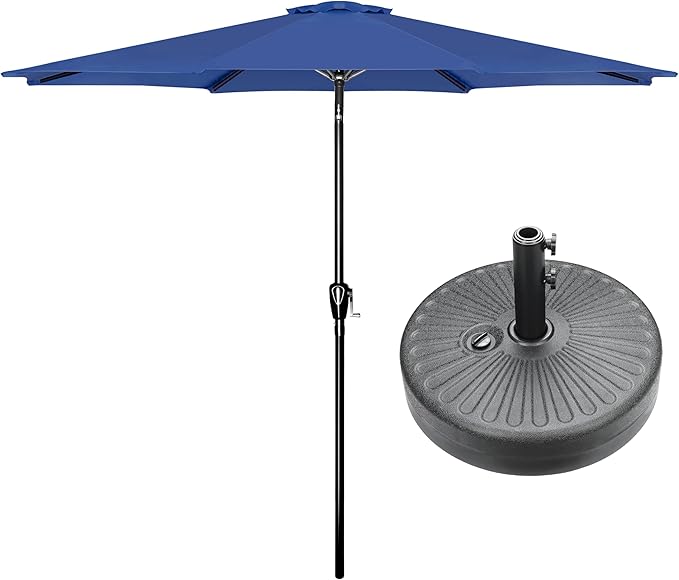 HealSmart 9' Patio Table Umbrella with Button Tilt, 8 Sturdy Ribs, 50lbs Base Stand Included, for Garden, Backyard, Deck, Pool, Blue