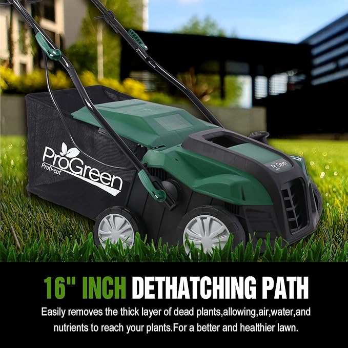 Garden Scarifier, 2-in-1 16INCH Dethatcher Scarifier,15 Amp Electric Lawn Dethatcher,Removable Collection Bag Extra Large 58QT