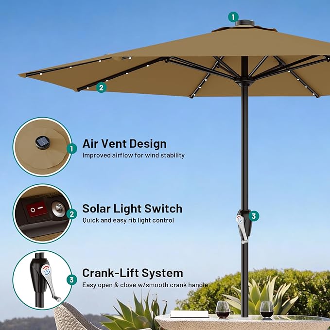 AreShark 12FT Large Patio Umbrella with Solar Lights, Solar Powered Outdoor Umbrella with Crank, Patio Table Market Umbrellas for Garden, Deck, Backyard, Pool and Beach, Khaki