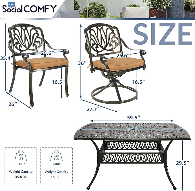 9-Piece Patio Cast Aluminum Dining Set, Outdoor Dining Furniture Set for 8 Person, Includes 64" Square Table, 4 Stationary and 4 Swivel Dining Chairs with Umbrella Hole, Tan