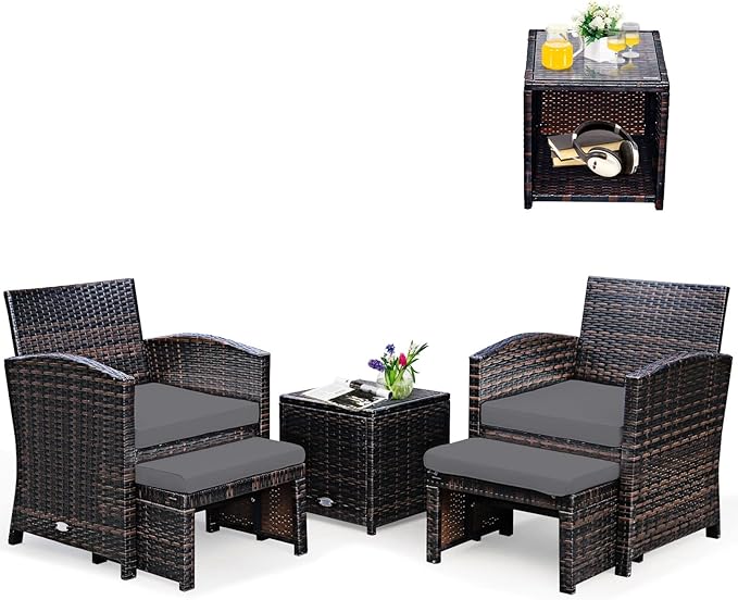 Tangkula 5 Pieces Wicker Patio Conversation Set, PE Rattan Outdoor Chairs & Ottomans Set with Single-Door Storage Coffee Table, Space-Saving Patio Furniture for Poolside, Backyard, Lawn, Deck (Grey)