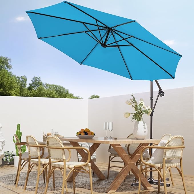 wikiwiki 10ft Patio Umbrellas Offset Outdoor Umbrella Cantilever Hanging Umbrellas w/Infinite Tilt, Fade Resistant Waterproof RECYCLED FABRIC Canopy & Cross Base, for Yard, Garden & Deck, Sky Blue