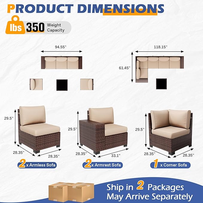 6 Pieces Outdoor Patio Furniture Set with Table Brown Rattan Sectional Sofa Conversation Sets for Balcony Lawn and Garden (Beige, 6 pcs w/Table)