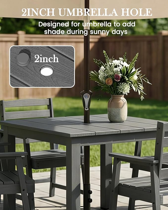 LOUNZY 5-Piece HDPE Patio Dining Set - Outdoor Square Table with 2" Hole Cut-Out & 4 Chairs,Gray