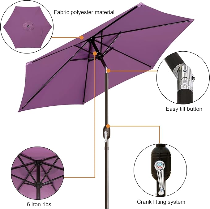 Blissun 7.5 ft Patio Umbrella, Yard Umbrella, Outdoor Market Umbrella with Push Button Tilt Crank, Lilac
