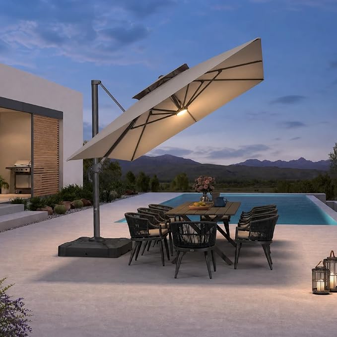 PURPLE LEAF 10' X 13' Double Top Cantilever Patio Umbrella with Light Deluxe Large Outdoor Umbrella Rectangle Offset Umbrella with Fade Resistance for Garden Deck Pool Patio, Pebble Grey