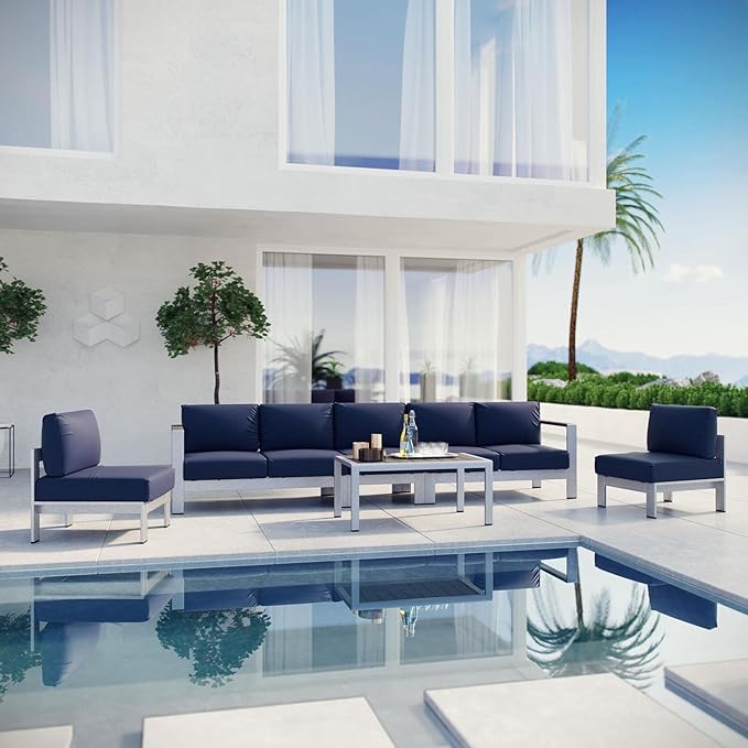Modway Shore 6-Piece Aluminum Outdoor Patio Sectional Sofa Set in Silver Navy