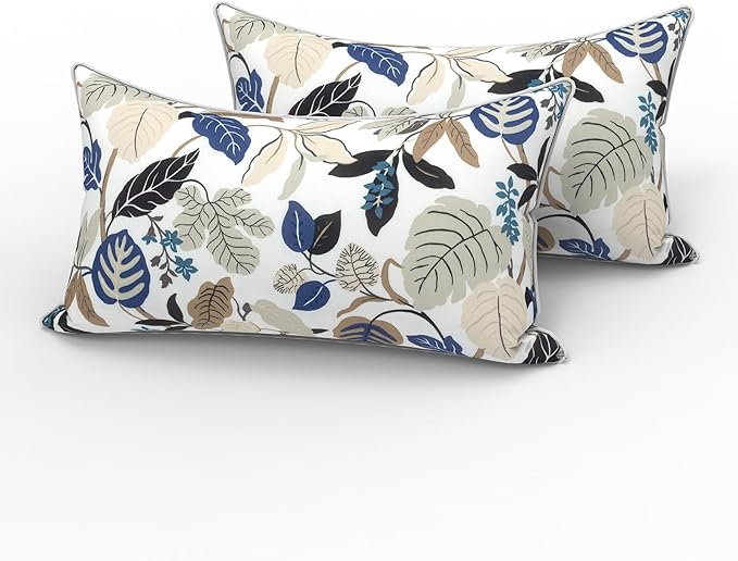 LVTXIII 2 Pack Outdoor Lumbar Pillows 12x20 Inch with White Piping, Fade Resistant Support Throw Pillows with Inserts for Patio Furniture, Sofa, Chair, Breeze Leaves Beige