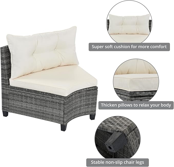 8-Pieces Half Moon Patio Furniture Set, Curved Sofa Set with Rectangular Coffee Table PE Rattan Wicker Patio Conversation Set with Movable Cushion and Pillows for Porch Deck Garden, Beige