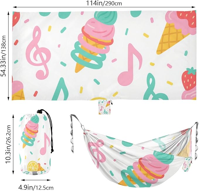 Summer Ice Cream Musical Note Bright Colorful 330lb Capacity Outdoor Hammocks Fabric Hammock for Indoor Outdoor Patio Base para hamaca