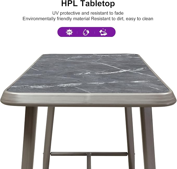 PURPLE LEAF Bar Height Table Patio Rectangular Table Dining Coffee Kitchen Breakfast Bistro Outdoor Pub Bar Table for Garden Balcony, Light Grey