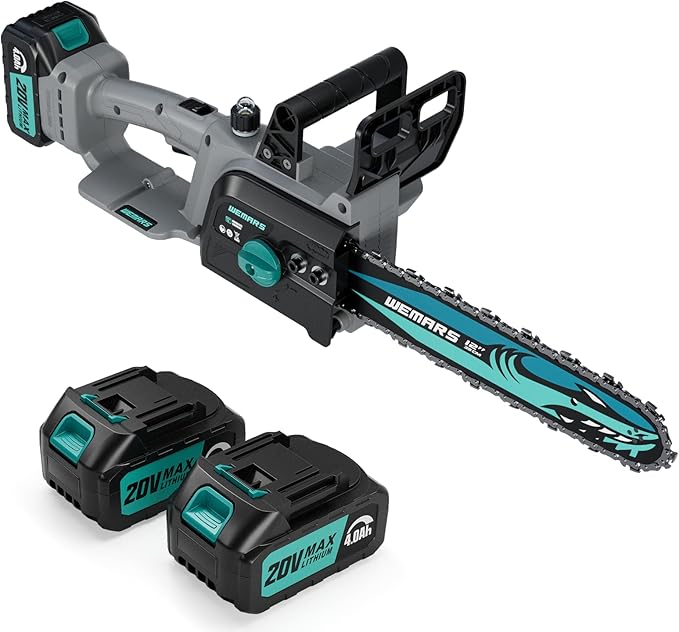 WEMARS 20V Brushles Cordless Chainsaw 12-Inch Lightweight Battery Powered Chainsaws Compact Pruning Electric Chainsaw 4.0AH Lithium-ion 2 Kit-Batteries for Wood Cutting,Garden Tree,Branch Pruning