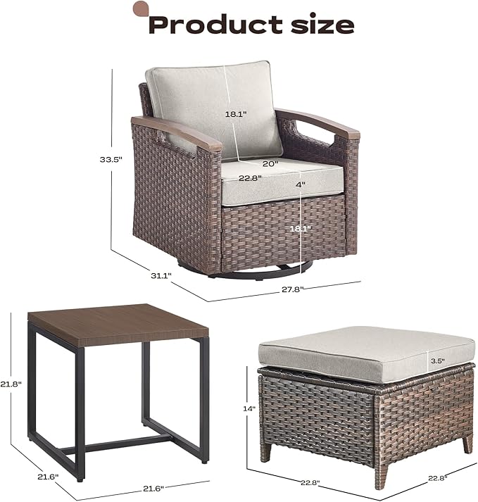Rilyson Wicker Outdoor Patio Furniture Set - 5 Piece Patio Conversation Sets with Swivel Rocker Chairs, Ottomans and Side Table, Thick Cushions, Waterproof Wicker, for Porch Deck Brown/Beige