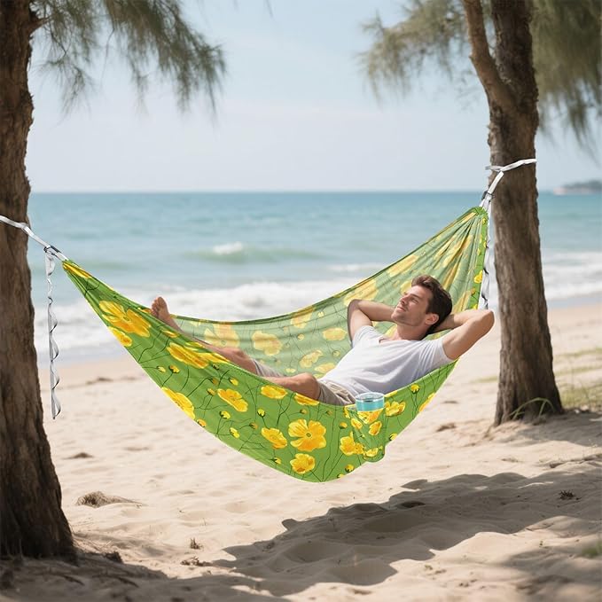 Camping Hammock Outdoor Hammocks for Outside Yellow Buttercups Green Beach Trees Portable Lightweight with Pockets Tree Straps Indoor