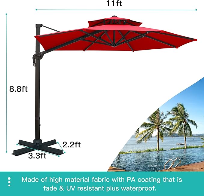 Sunnyglade 11FT Double Top Cantilever Patio Umbrella Deluxe Offset Umbrella 360° Rotation & Integrated Tilting System Heavy Duty Outdoor Umbrella for Market Garden Deck Pool Backyard Patio(Red)