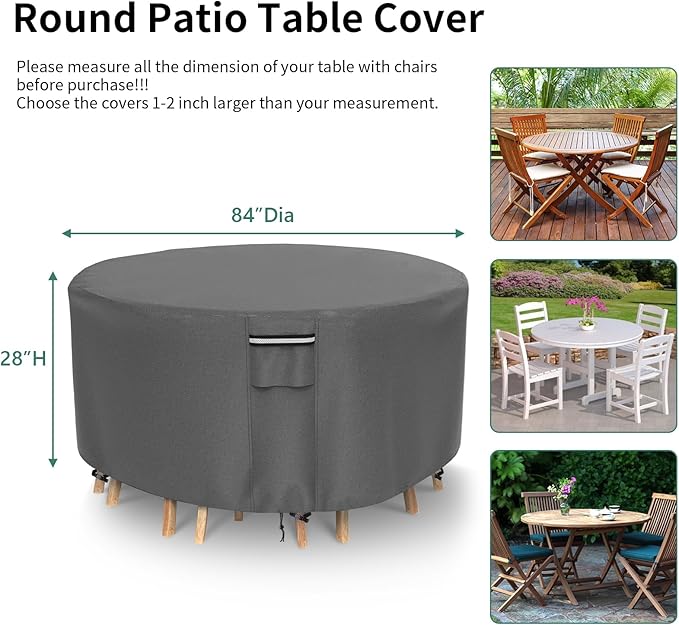 Round Patio Furniture Covers, 500D Heavy Duty Waterproof UV Resistant Cover for Round Outdoor Dining Table & Chairs,84" Dia x 28" H -Gray