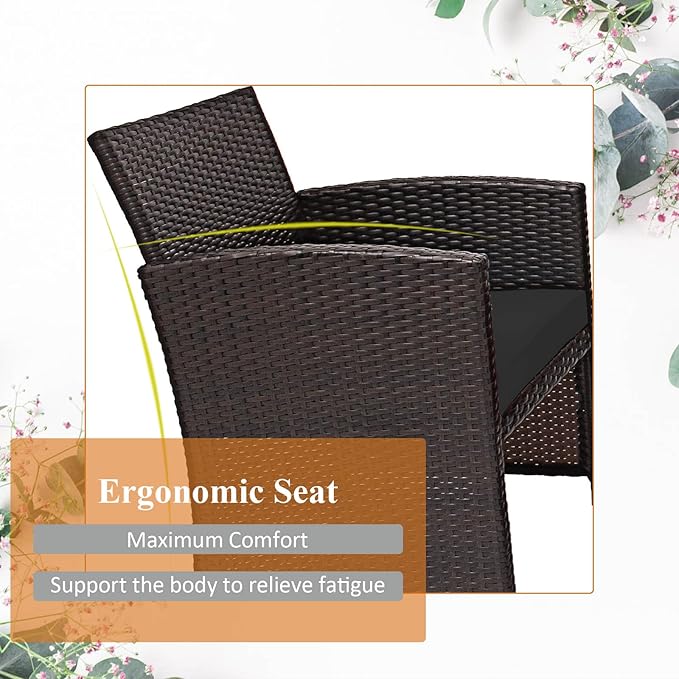 HAPPYGRILL 4 Pieces Rattan Conversation Set Outdoor Wicker Furniture Set with Tempered Glass Coffee Table, Soft Cushions, Weather-Resistant Rattan Chair Set for Garden Backyard Poolside (Black)