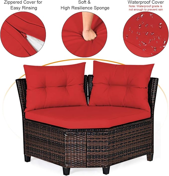 Tangkula 4-Piece C Shape Patio Furniture Set, Outdoor Corner Wicker Rattan Sectional Cushioned Sofa Set, with Glass Coffee Table, for Garden Poolside Balcony (Red)