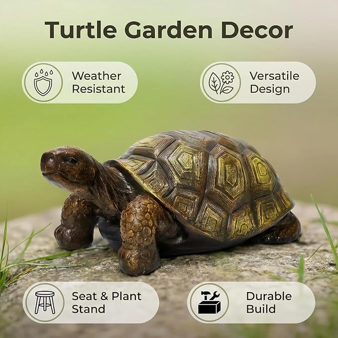 21.3" Large Turtle Garden Statue, Brown 2 | Realistic Resin Tortoise Sculpture, Outdoor Patio, Lawn & Yard Decor, Patio Seat, Simulated Art Piece