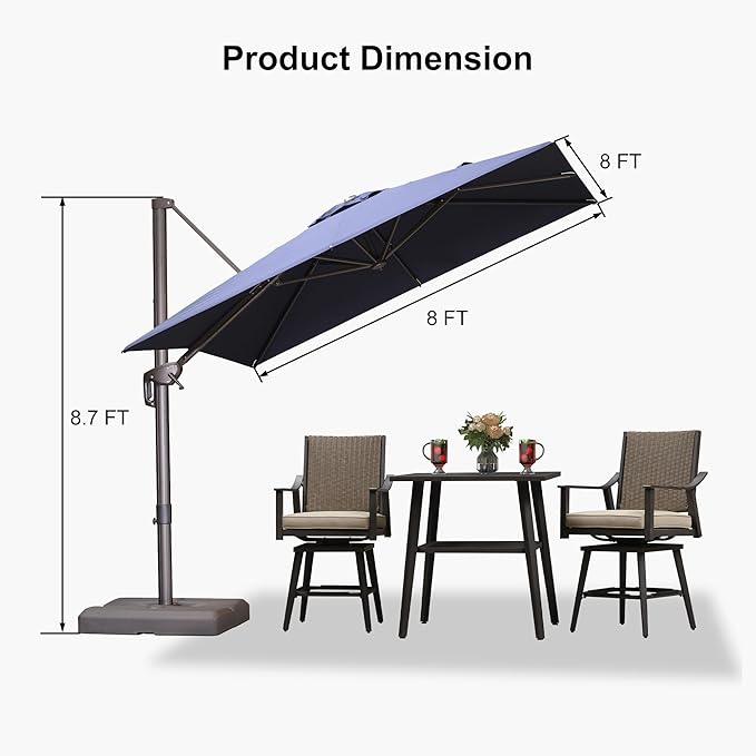 PURPLE LEAF 8' X 8' Cantilever Patio Umbrella with Base Included Antique Bronze Square Umbrella with 360° Rotation and Aluminum Offset Hanging Outdoor Umbrella for Pool Garden Backyard Deck, Navy Blue