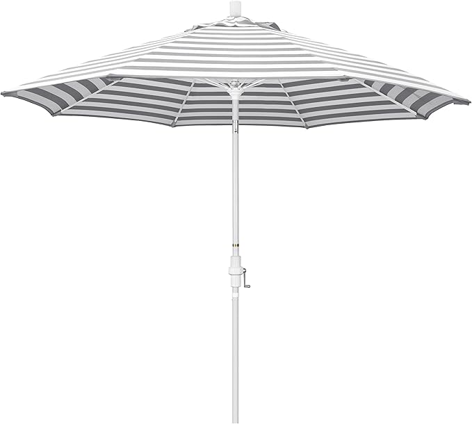 California Umbrella 9' Round Aluminum Pole Fiberglass Rib Patio Umbrella, Crank Lift, Collar Tilt, White Finish, Woven Gray/White Stripe