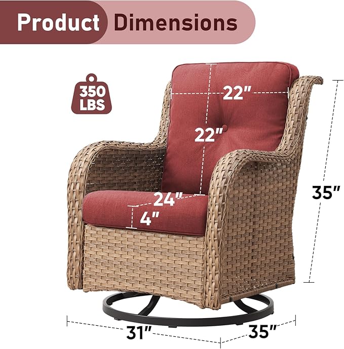Outdoor Swivel Rocker Patio Chairs-Wicker Patio Swivel Chairs Set of 2 with Side Table PE Rattan Patio Furniture Set for Porch Deck Balcony Garden-Yellow/Red