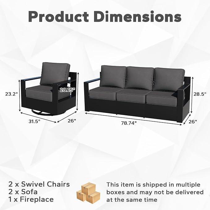 Outdoor Aluminum Furniture Set, 5-Piece Patio Conversation Set, 2 Swivel Chairs, 2 Sofa and 1 Fireplace, All-Weather Metal Frame, 6" Thick Removable Cushions, Deep Setting for Garden and Porch