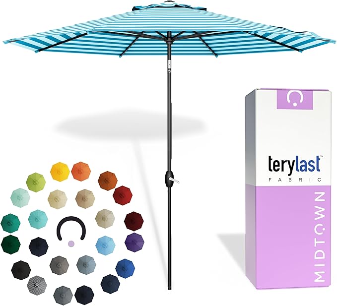 Midtown Umbrellas The Lean 9 Feet Outdoor Umbrella With Terylast Cobalt Stripes (Blue/White Stripes) Polyester Fabric - Auto-Tilt Aluminum Frame Patio Umbrella For Deck, Garden, Pool - Black Pole