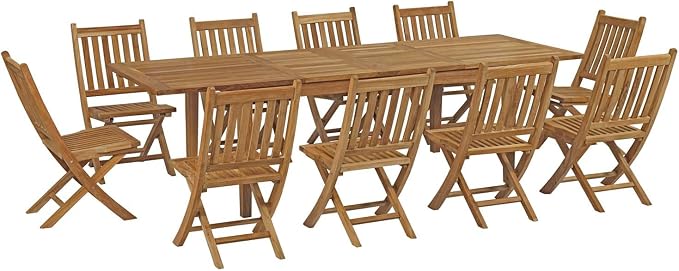 Modway EEI-3284-NAT-SET Marina Premium Grade A Teak Wood 11-Piece Outdoor Patio Dining Furniture Set, Ten Folding Armchair/One Table, Natural