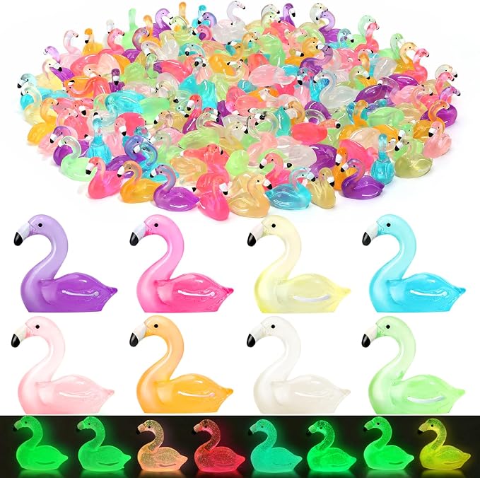 64pcs Luminous Large Mini Resin Flamingo Ducks 8 Colors Glow in The Dark Tiny Small Little Resin Flamingo to Hide Plastic Animal Figures for Micro Fairy Garden Landscape Dollhouse Aquarium Decorations