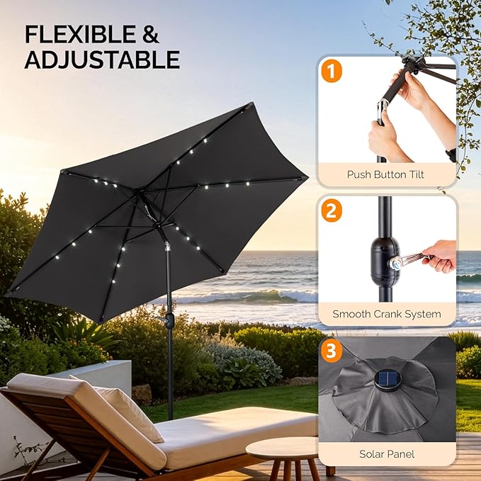 VINGLI 9FT Patio Umbrella with Solar Lights, Outdoor Umbrella with Push Button Tilt and Crank, Umbrella Outdoor Patio for Patio, Deck, Backyard, Pool
