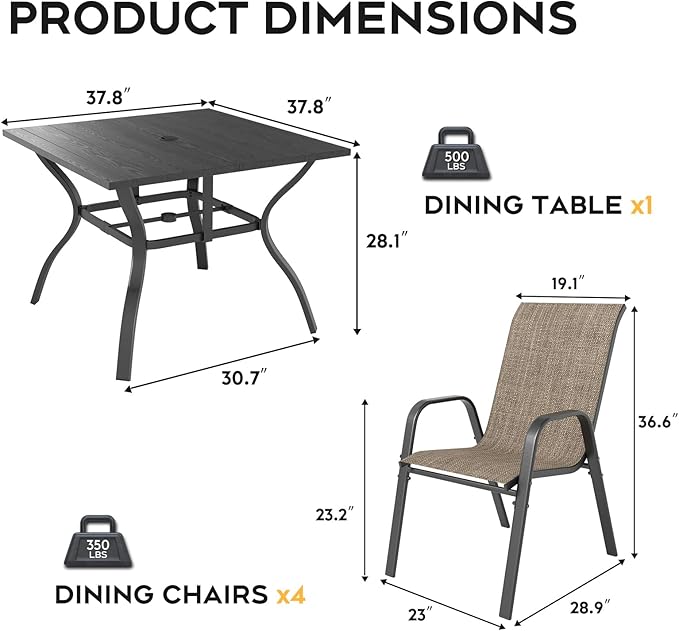Outdoor Dining Set for 4,5pcs Patio Table and Chairs Set with Adjustable Umbrella Hole,Heavy Duty 37.8”x37.8” Metal Dining Table and Stackable Patio Chair for Yard, Garden, Porch