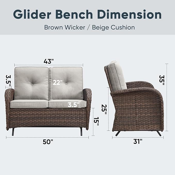 Belord Outdoor Glider Bench Patio Loveseat - 500 Lbs Weight Capacity 2 Seater Wicker Sofa, Small Porch Glider Furniture All Weather Rattan Couch with Removble Cushion for Balcony Deck Backyard, Brown