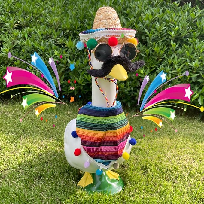 9pcs Mexican Porch Goose Outfit,Lawn Goose Statue Costume | for 17"/23" Statue Patio Lawn Garden Decoration,with Mexican Sombrero Bandana Scarf Beard Glasses