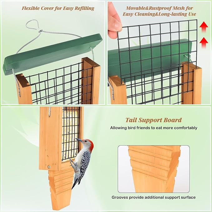 Gbekery Wooden Suet Bird Feeder for Outside Hanging, Woodpecker Suet Feeder with Tail Prop, Hanging Bird Feeder for Wild Birds, 1 Pack, Green