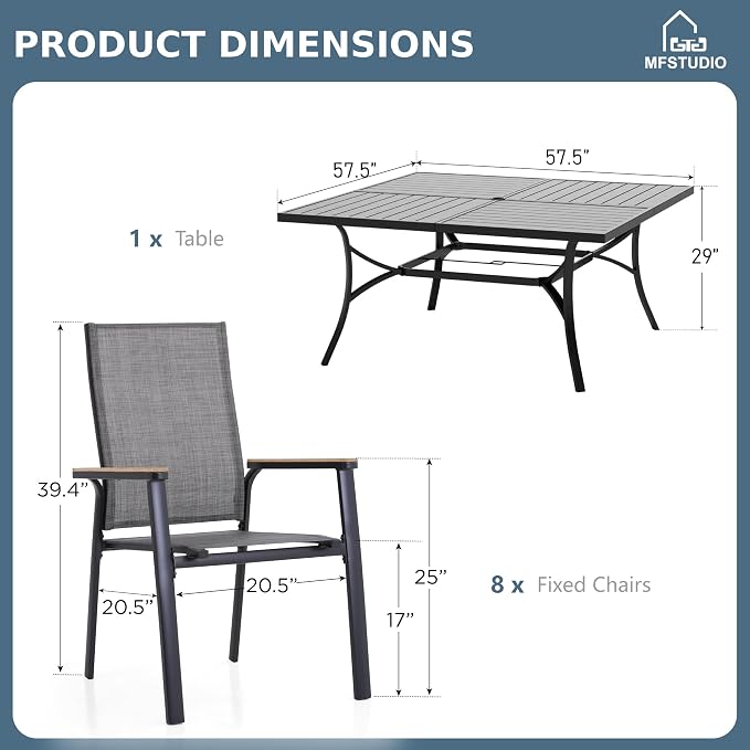 MFSTUDIO 9 Piece Outdoor Dining Set, Metal Table & Aluminum Chairs, Grey | Stackbale chairs, Light-weight & space-saving, Square Table, Umbrella Hole, Patio deck, 8 person