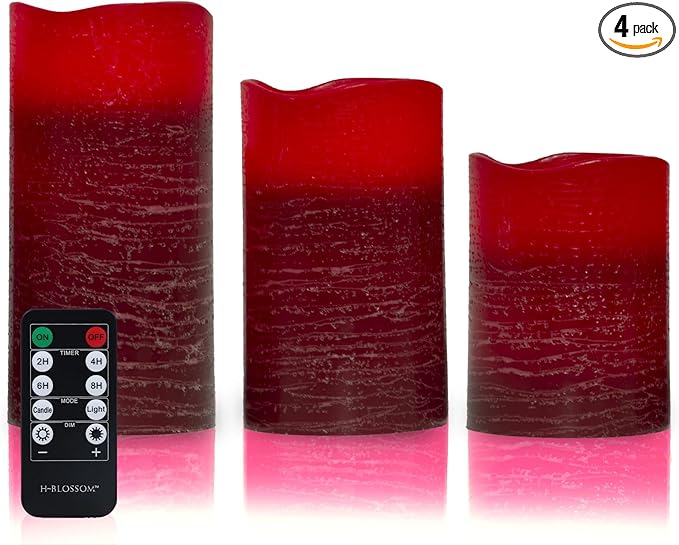 H-BLOSSOM Red Flameless Candles Real Wax LED Pillar Candles Battery Operated with Cycling 5H Timer Set of 3 (3" x 4"/5"/6") (Red)