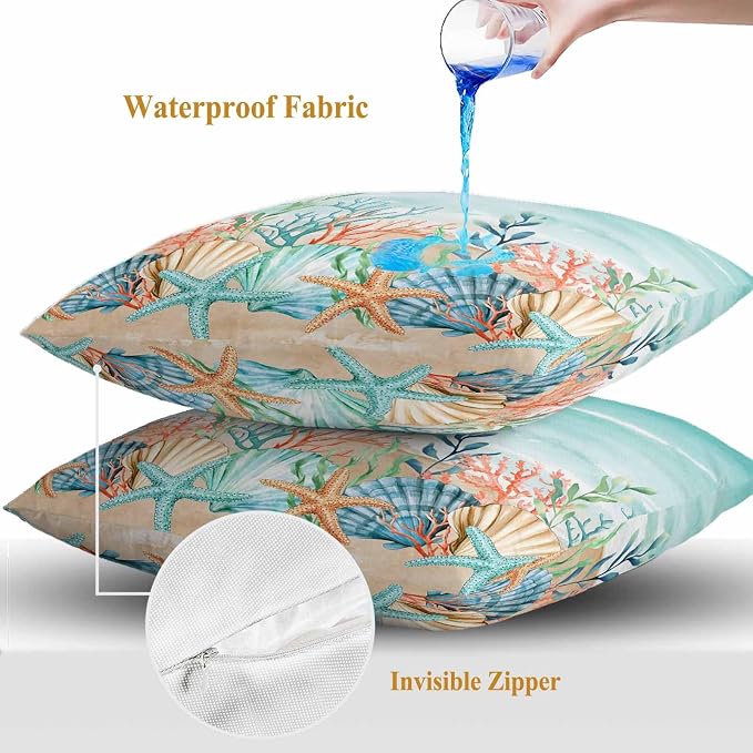 Throw Pillow Covers 18x18 Inch Set of 2, Coastal Beach Waterproof Outdoor Pillow Covers, Ocean Wave Summer Sea Starfish Coral Teal Beige Decorative Cushion Pillowcases for Couch, Sofa, Bed, Patio