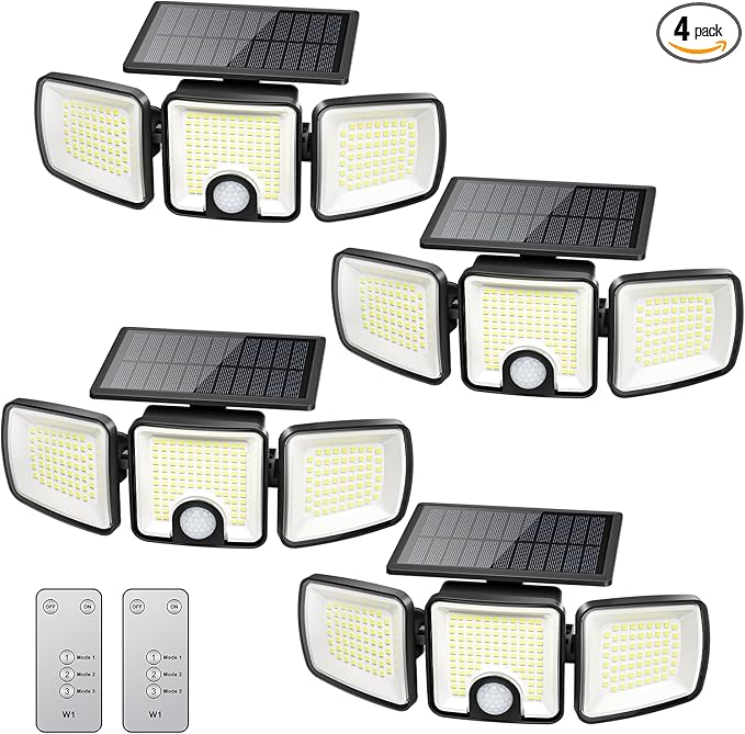 Brightown 4 Pack Solar Outdoor Lights with Motion Sensor, 223 LED 3 Head 270° Wide Angle Street Area Security Lights with Remote, IP65 Waterproof Flood Wall Lights with 3 Modes for Yard Outside