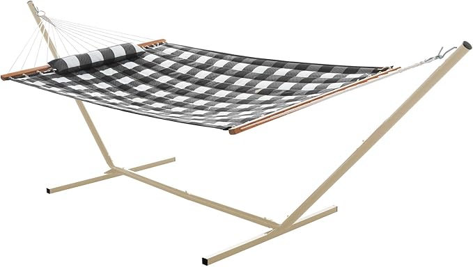 Castaway Living Large 2-Person Quilted Hammock with Stand & Pillow – Buffalo Plaid, 10 ft. L x 52 in. W, 350 lb Capacity, Weather-Resistant Polyester, Portable Space-Saving Frame