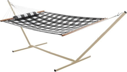Castaway Living Large 2-Person Quilted Hammock with Stand & Pillow – Buffalo Plaid, 10 ft. L x 52 in. W, 350 lb Capacity, Weather-Resistant Polyester, Portable Space-Saving Frame