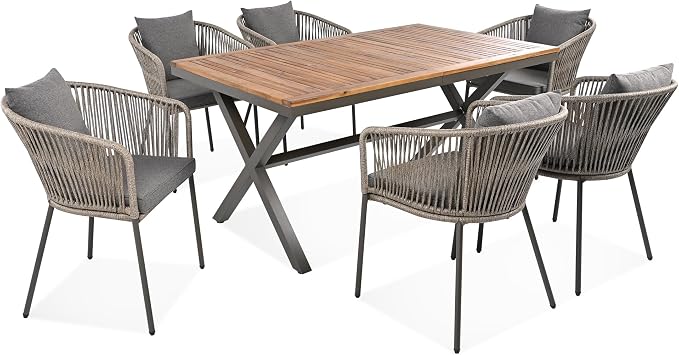 VilroCaz 7 Pieces Patio Dining Set, All-Weather Outdoor Conversation Set Gathering Set with Acacia Wood Tabletop and Metal Frame, Dining Table and Chairs for Garden Backyard Balcony (Green Rope)