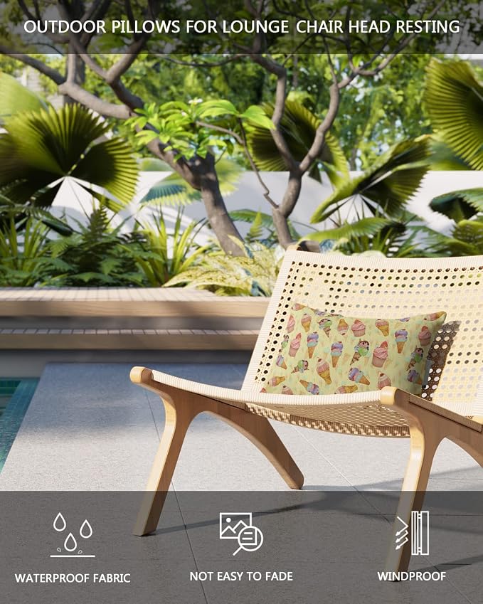 Outdoor Pillows Covers with Inserts Ice Cream Cake Colorful Yellow Background Waterproof Recliner Pillow with Adjustable Strap Throw Pillows for Patio Furniture Pool Lounge Chair, 11x16 inch, 1PCS