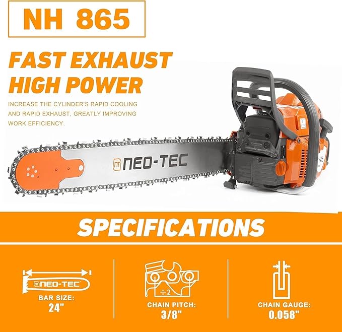 NEO-TEC New NH865 65cc Gas ChainSaw, Chain Saw with 28 Inch Advance Bar and Chain, 3.4KW 4.6HP Gasoline Chainsaw for Professional Wood Work (28 INCH)